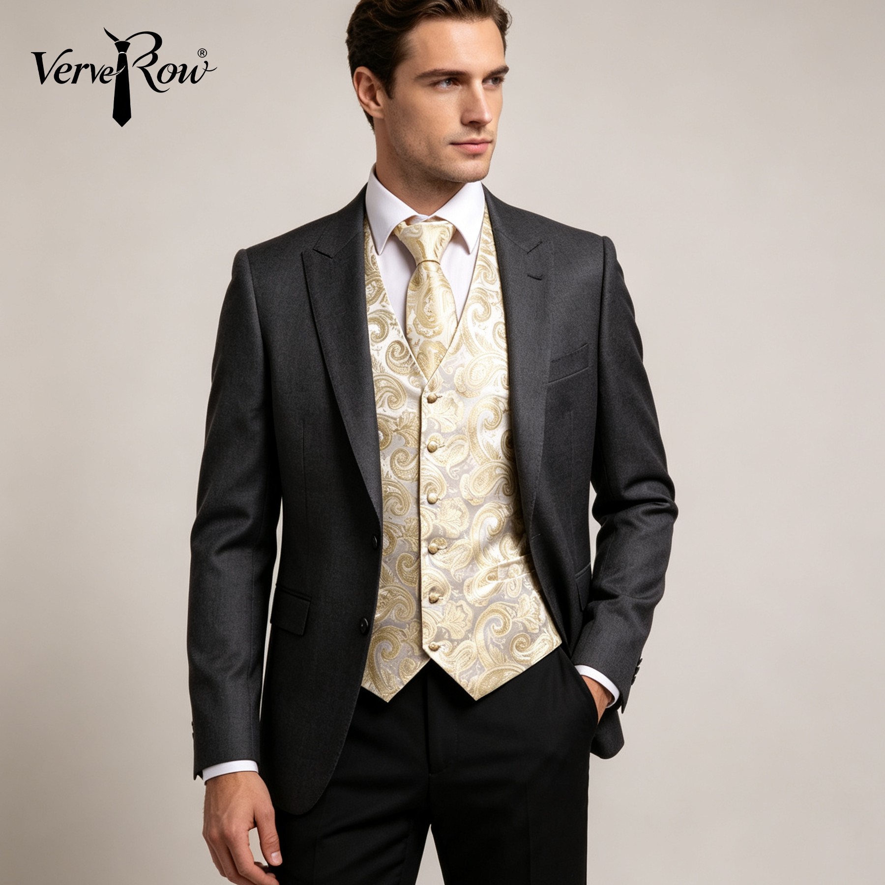 Pocket Square Set - VERVEROW Gold Paisley Printed Waistcoat Tie