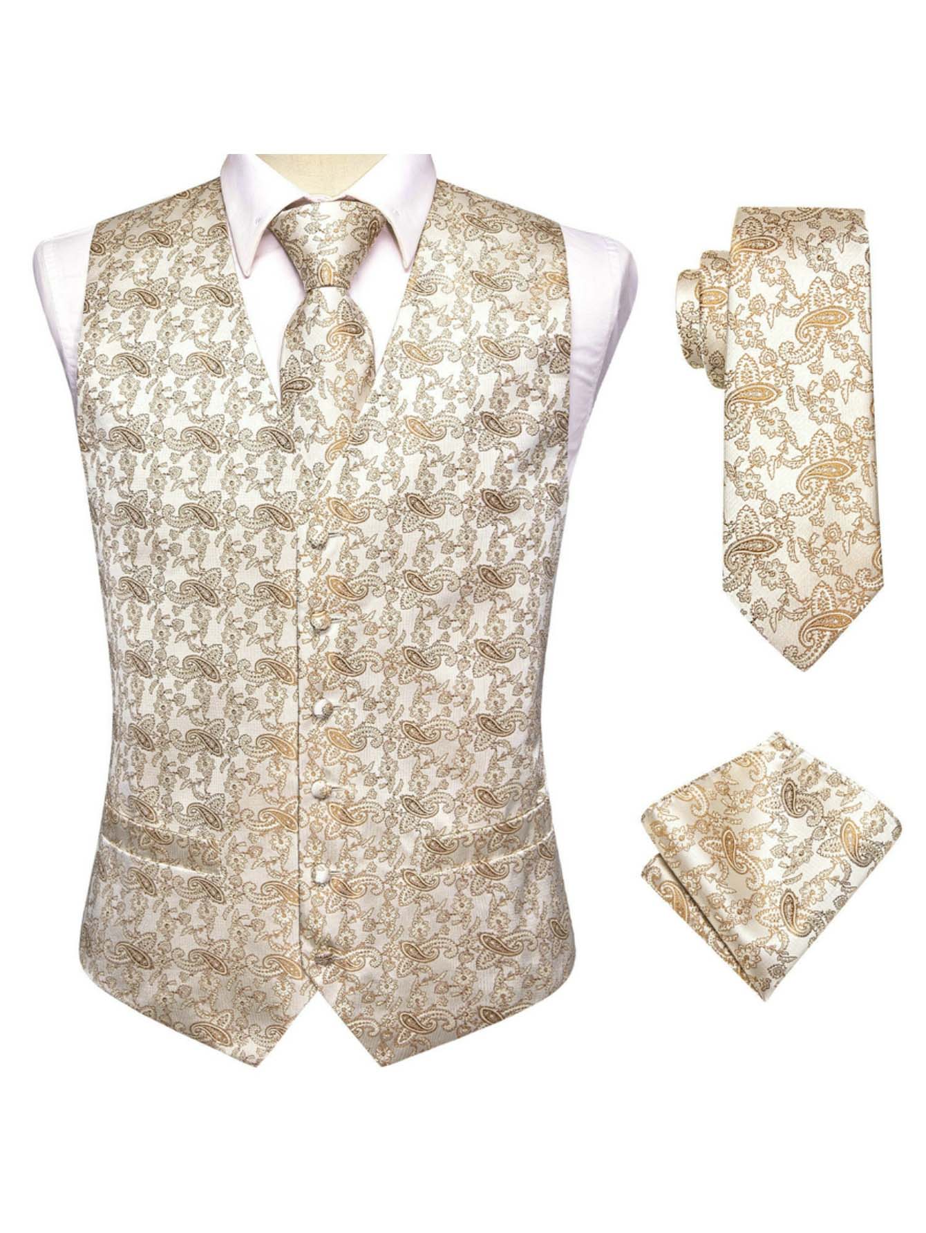 Pocket Square Set - Men's Apricot Jacquard Vest 3-Piece Set