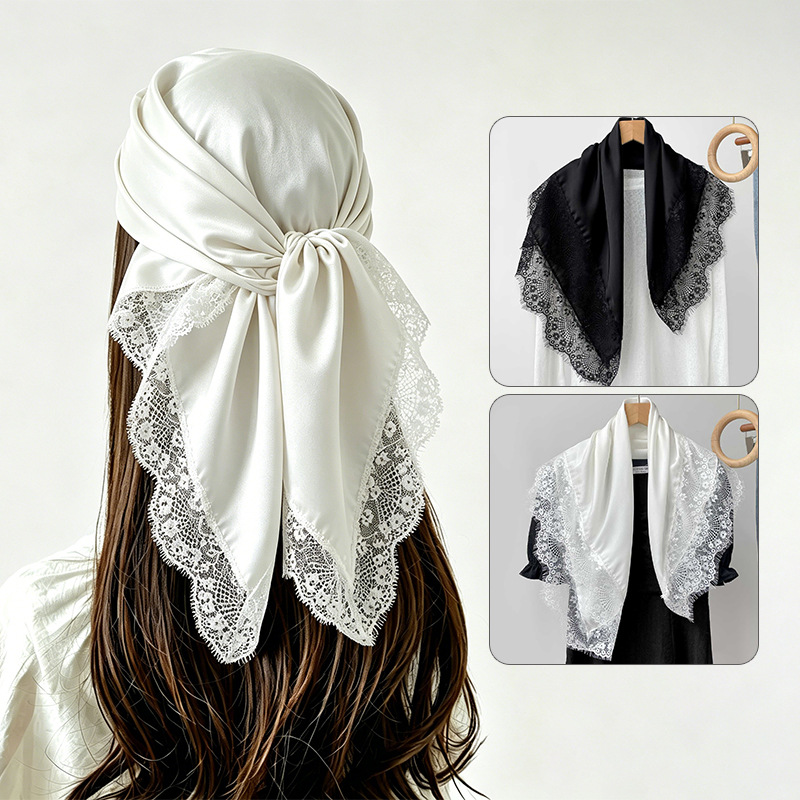Head Wrap Turban - 70x70cm Square Scarf Women Lace Trim