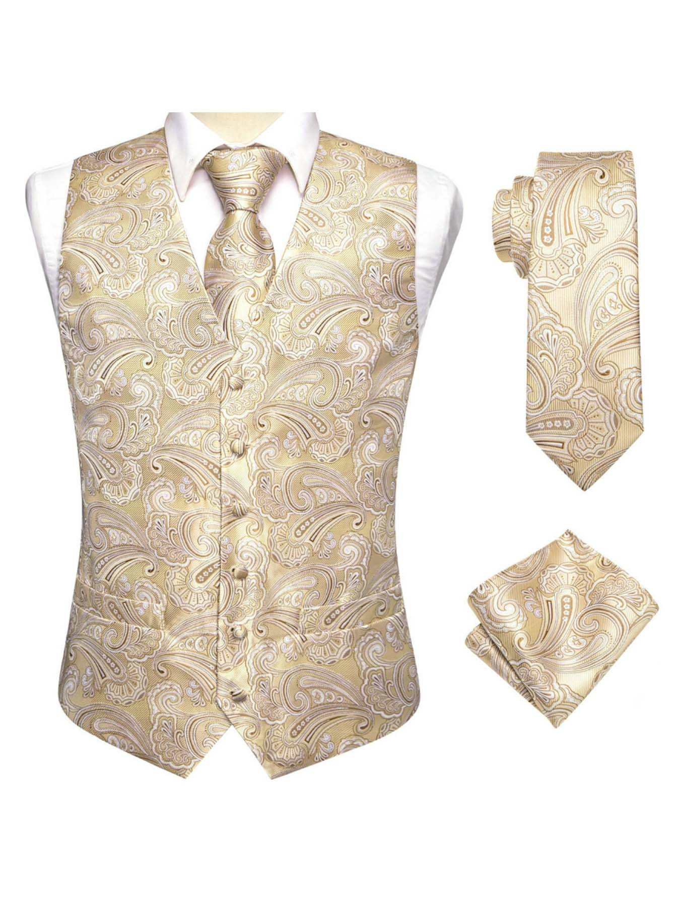 Men's Apricot Jacquard Vest 3- - Pocket Square Set 评论和价格